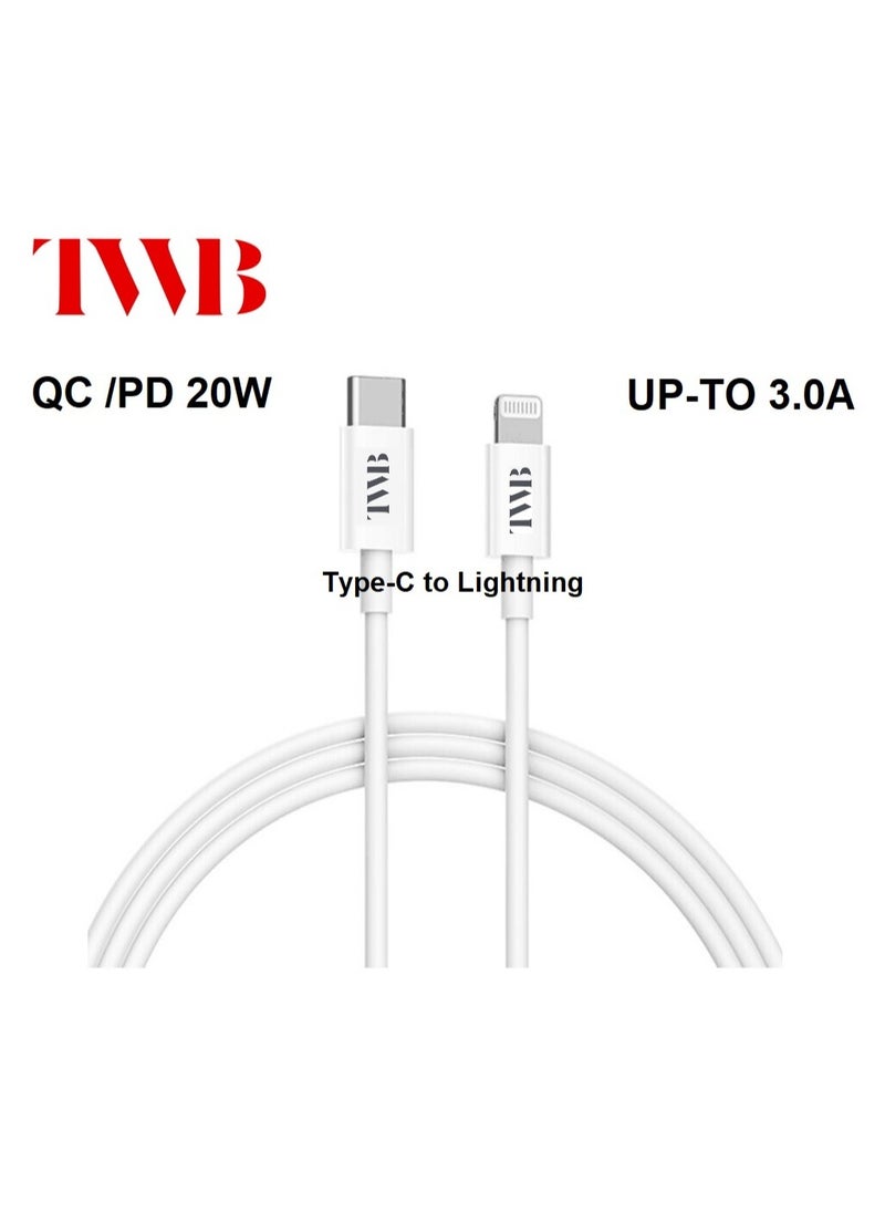 TWB Premium Type-C to Lightening cable 20W Power Delivery up to 3.0A fast charging High speed data Transfer 1m Length compatible with IOS13.1  - Image 1