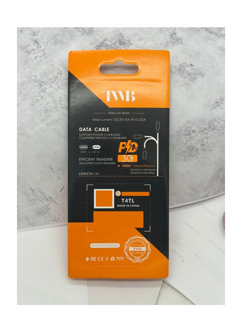 TWB - Premium Type-C to Lightening cable 20W Power Delivery up to 3.0A fast charging High speed data Transfer 1m Length compatible with IOS13.1 - Image 1