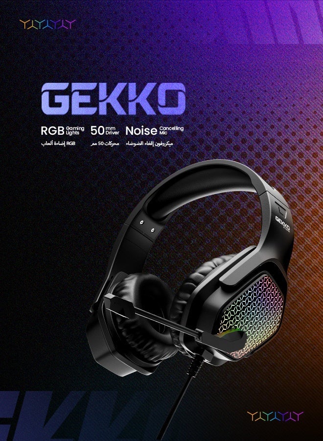 Faster سماعات الألعاب BG500 جيكو مع إضاءة LED RGB، ميكروفون فائق الوضوح، سائقين بعمق صوت 40 مم، وسائد عازلة للضوضاء، رأس قابل للتعديل، تصميم خفيف الوزن - متوافقة مع PC/PS4/PS5/الهاتف المحمول (أسود) - Image 2