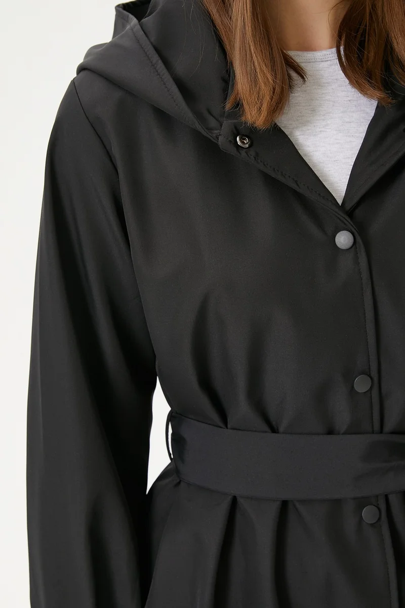 Ritnice Women's Trendy Hooded Snap-On Black Trench Coat