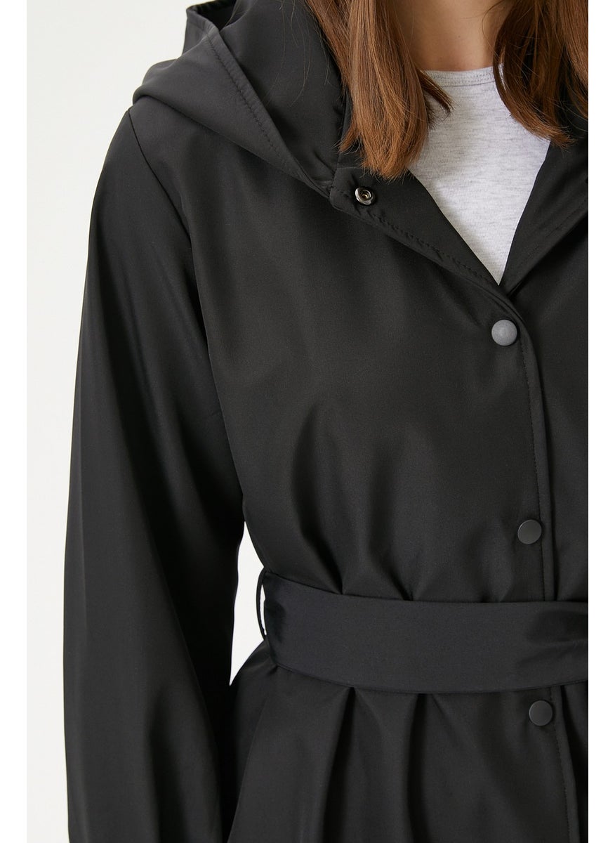 Ritnice - Women's Trendy Hooded Snap-On Black Trench Coat - Image 1