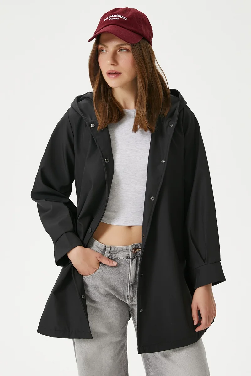 Ritnice Women's Trendy Hooded Snap-On Black Trench Coat