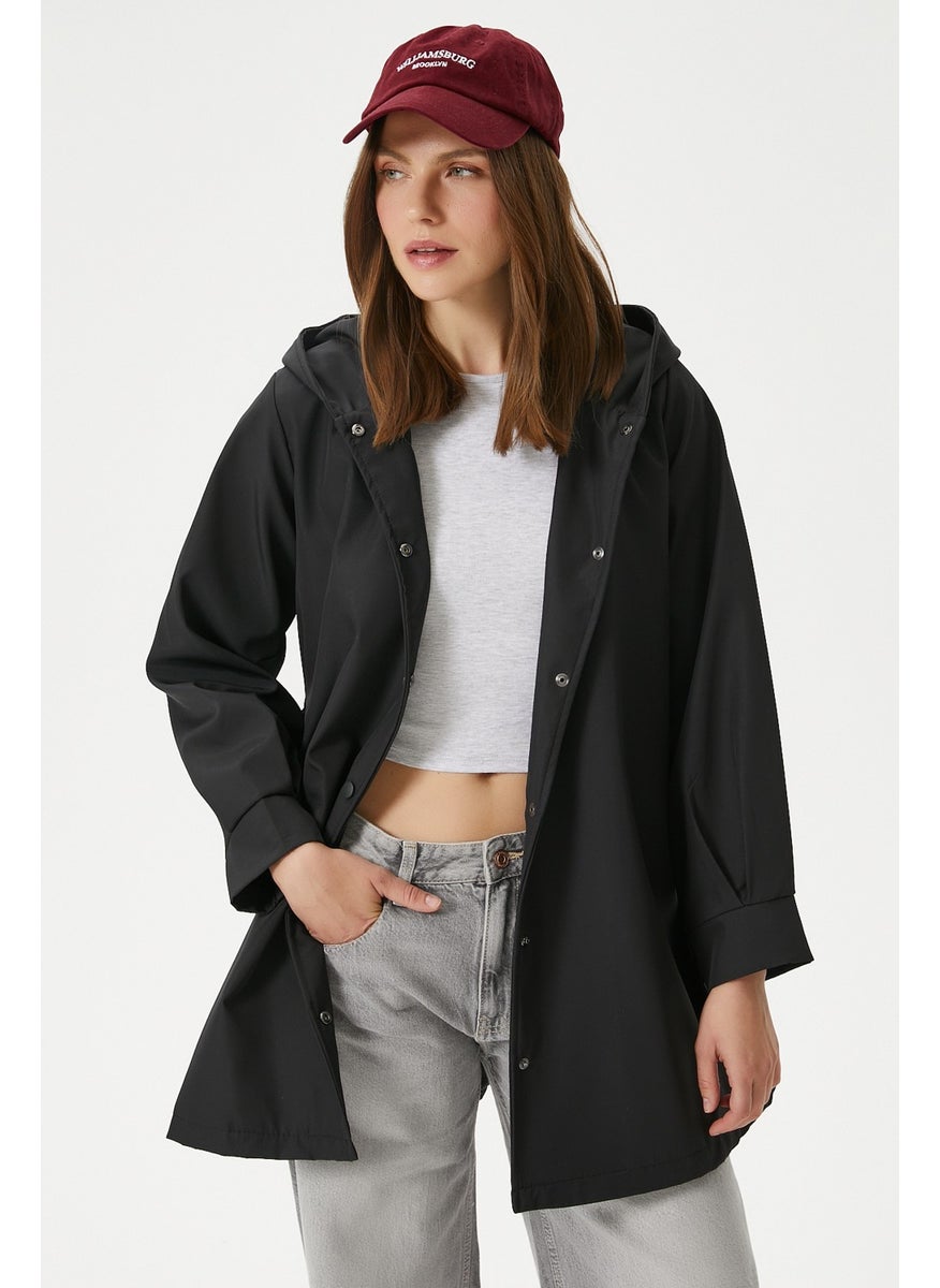 Ritnice - Women's Trendy Hooded Snap-On Black Trench Coat - Image 1