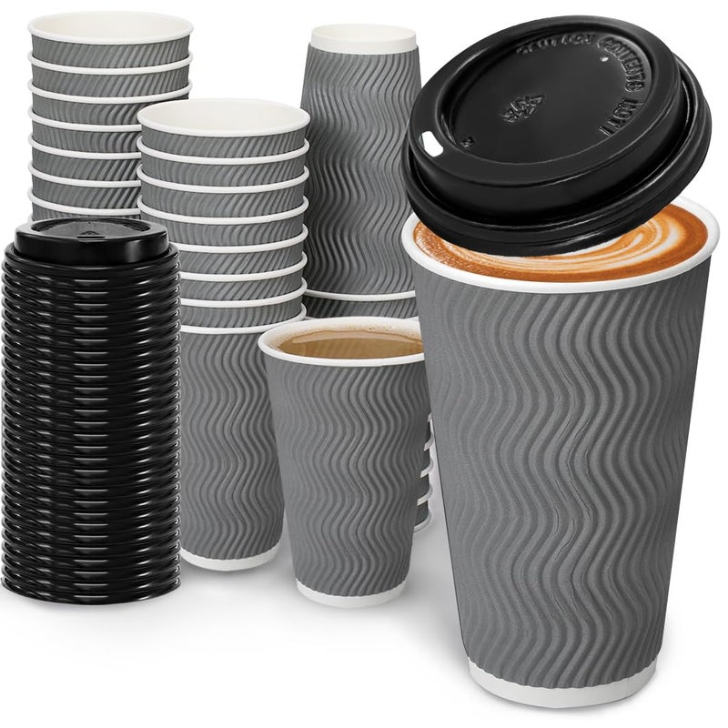 BYSNOW 16 oz Coffee Cups with Lid 100 Pack Disposable Coffee Cups Insulated Ripple Paper Cups for Water Juice Coffee Gray 16 oz