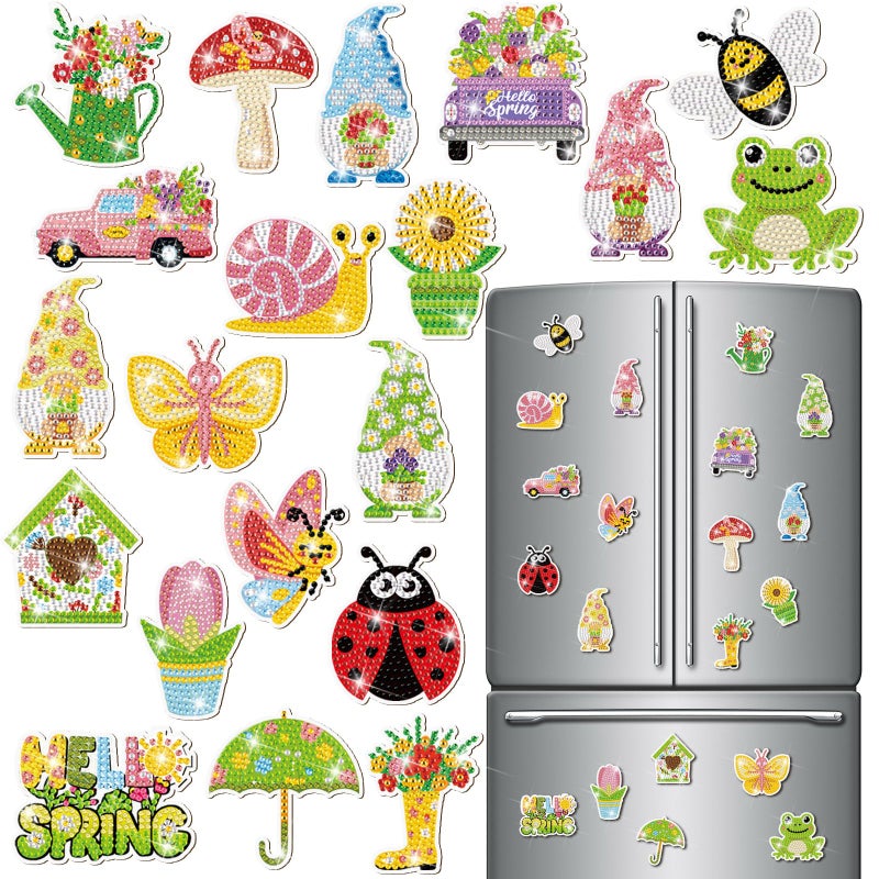 Saillong 20 Pcs Spring Diamond Painting Magnets Flower Butterfly Bee Gnomes Sunflower Diamond Art Magnets Kits Refrigerator Magnetic Stickers for Fridge Home Adults DIY Crafts