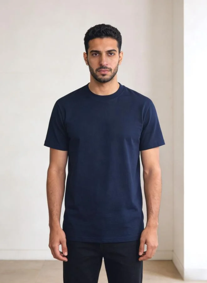تايك تو Men Dark Blue Solid Crew Neck T-Shirt