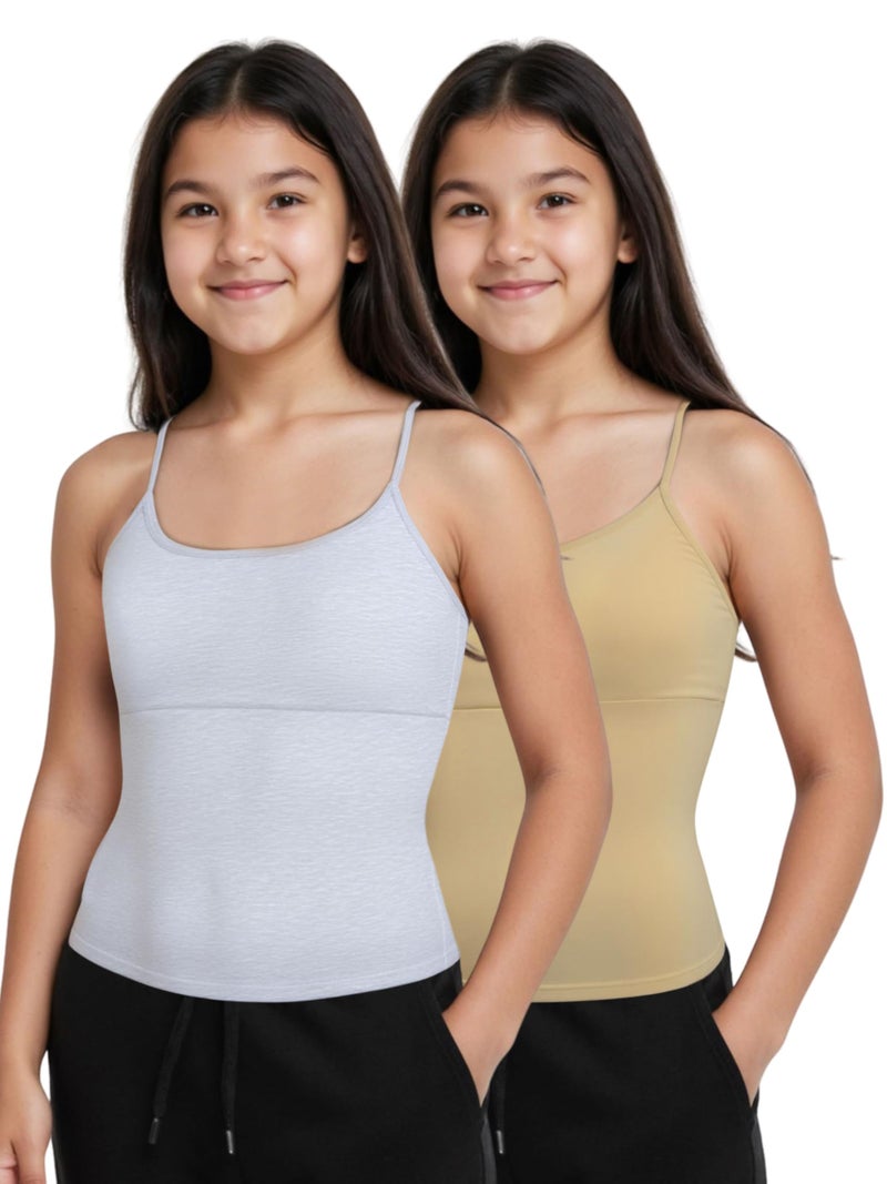 DChica Essentials Sleeveless Undershirts Padded Cami Vest with Adjustable Straps Cotton Camisole Tank Top/Innerwear for Girls (Pack of 2) Solid Colors - Image 1