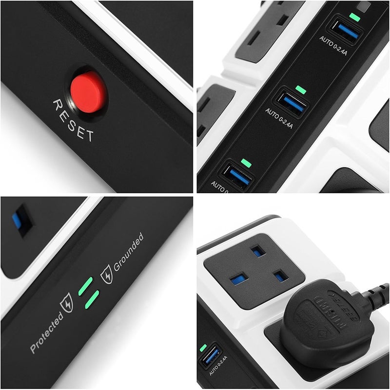 بيستك 8-منفذ حماية من زيادة التيار برج تمديد مقبس مع 6 منافذ USB (5V/8A) شريط طاقة 3250W/1.8M - أسود - Image 5