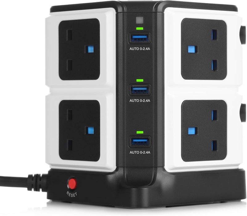بيستك 8-منفذ حماية من زيادة التيار برج تمديد مقبس مع 6 منافذ USB (5V/8A) شريط طاقة 3250W/1.8M - أسود - Image 1