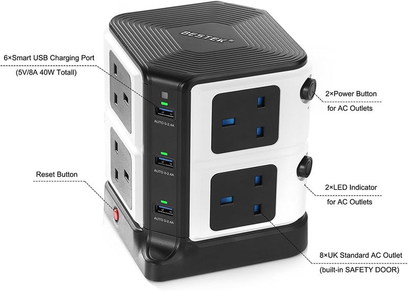 بيستك 8-منفذ حماية من زيادة التيار برج تمديد مقبس مع 6 منافذ USB (5V/8A) شريط طاقة 3250W/1.8M - أسود - Image 4