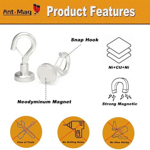 Ant Mag Magnetic Hooks Heavy Duty with Snap 22lbs Strong Magnet Hooks Great Hanging for Refrigerator, Cruise Cabin, Grill, Wreath,Kitchen,Office 10 Pack - Image 4