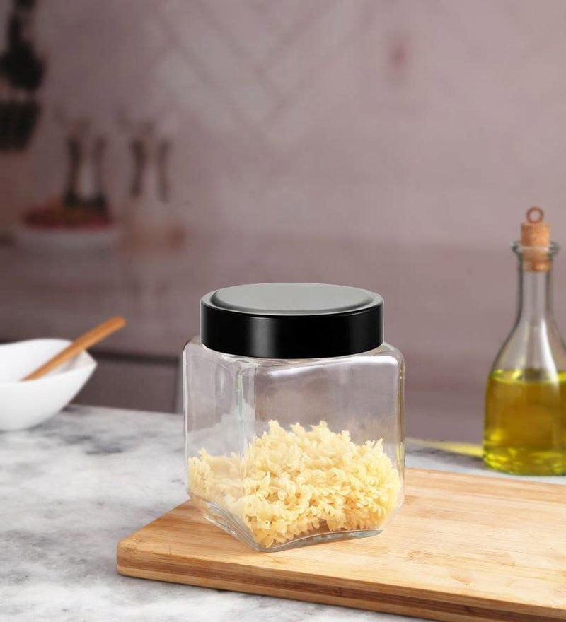 Vency Piramal Glass Cubical Square 600ml Transparent Glass Jars & Containers for Kitchen Pantry, Snacks, Pickles, Cookies, Dry Fruits, Coffee Storage with Black Plastic Lid (600ml, Set Of 4) - Image 3