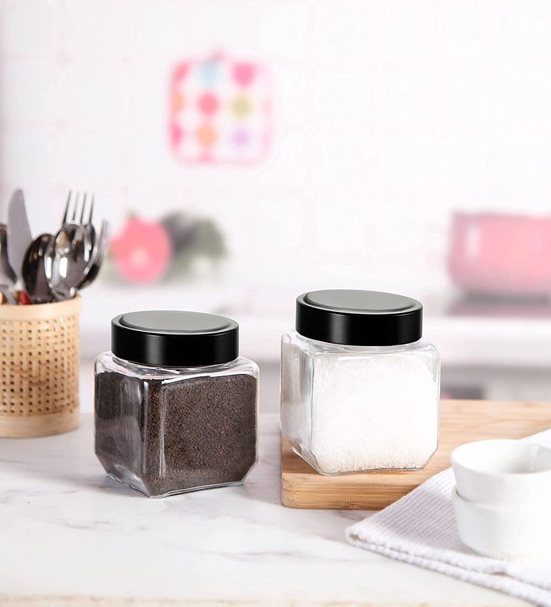 Vency Piramal Glass Cubical Square 600ml Transparent Glass Jars & Containers for Kitchen Pantry, Snacks, Pickles, Cookies, Dry Fruits, Coffee Storage with Black Plastic Lid (600ml, Set Of 4) - Image 4