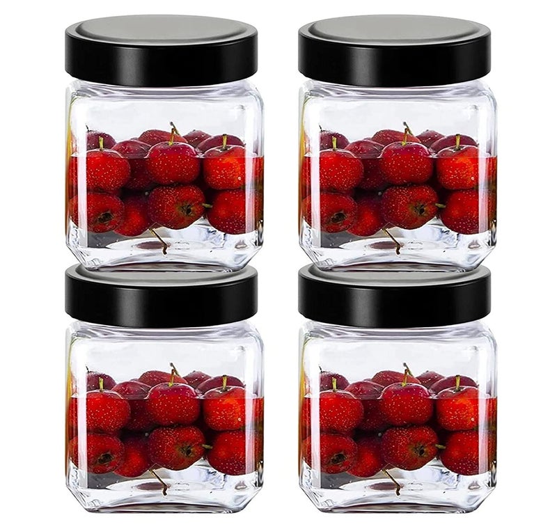 Vency Piramal Glass Cubical Square 600ml Transparent Glass Jars & Containers for Kitchen Pantry, Snacks, Pickles, Cookies, Dry Fruits, Coffee Storage with Black Plastic Lid (600ml, Set Of 4) - Image 1