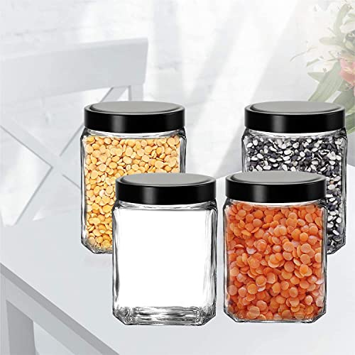 Vency Piramal Glass Cubical Square 600ml Transparent Glass Jars & Containers for Kitchen Pantry, Snacks, Pickles, Cookies, Dry Fruits, Coffee Storage with Black Plastic Lid (600ml, Set Of 4) - Image 2