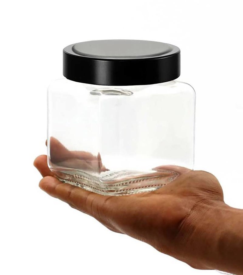 Vency Piramal Glass Cubical Square 600ml Transparent Glass Jars & Containers for Kitchen Pantry, Snacks, Pickles, Cookies, Dry Fruits, Coffee Storage with Black Plastic Lid (600ml, Set Of 4) - Image 5