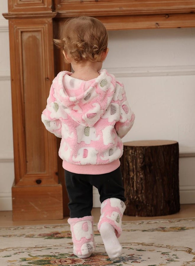 Jecson Baby Girl Winter Clothes Fleece Hoodie & Thermal Pants Set Toddler Girl Fall Outfits Cute Prints Infant Clothing, Pink, 12-18 Months - Image 4
