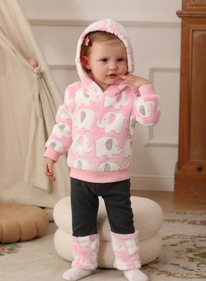 Jecson Baby Girl Winter Clothes Fleece Hoodie & Thermal Pants Set Toddler Girl Fall Outfits Cute Prints Infant Clothing, Pink, 12-18 Months - Image 2