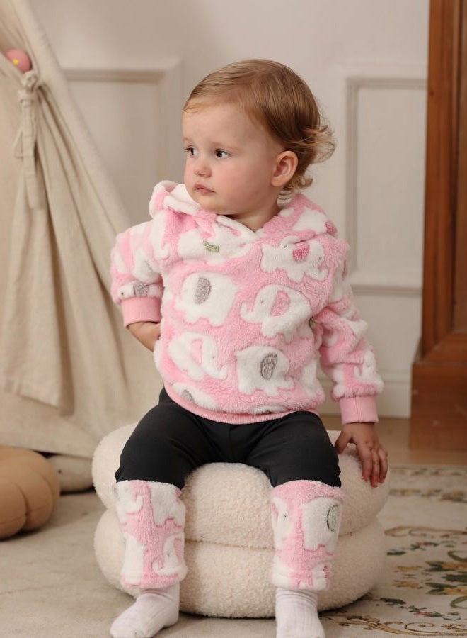 Jecson Baby Girl Winter Clothes Fleece Hoodie & Thermal Pants Set Toddler Girl Fall Outfits Cute Prints Infant Clothing, Pink, 12-18 Months - Image 3