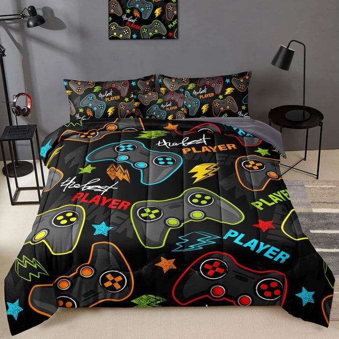 6 PIECES GAMER COMFORTER SET FOR BOYS GAMING BEDDING SET FULL SIZEVIDEO GAME CONTROLLER COMFORTER FOR BOYS KIDS ADULT 3D GAMEPAD MICROFIBER BEDDING SETS 6 PIECES BED IN A BAG SETS3011FULL