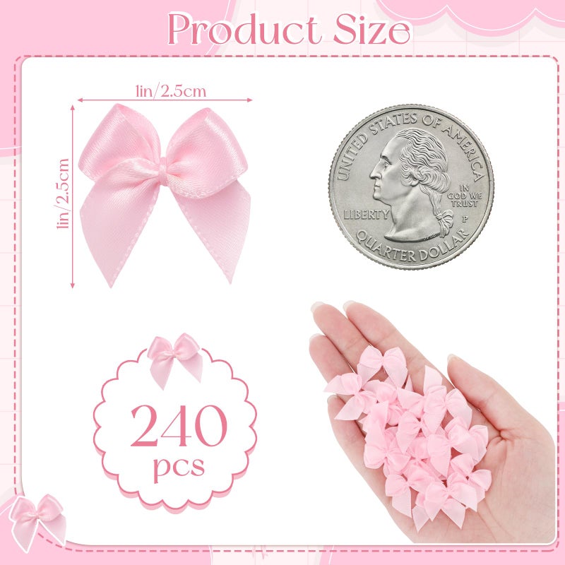 woric 240PCS Mini Pink Bows 1" Pink Satin Ribbon for Crafts Sewing Accessories Baby Showers Weddings Cards Invitations Cake DIY Hair Clothespins Easter Decoration - Image 2