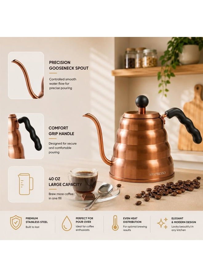 Mixpresso Gooseneck Pour Over Coffee Kettle, Barista Pour Control Design For Coffee & Tea High-Grade Stainless Steel 1.2 Liter (40 Oz) Drip Coffee Induction Cooker, Copper Stovetop Kettle - Image 2