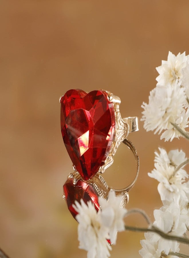 YERTTER Wedding Gold-Plated Red Crystal Giant Heart Ring Promise Women Statement Ring Rhinestone Love Ring Exaggerated Cocktail Ring Vintage Ring for Wedding Women (Red - Image 5