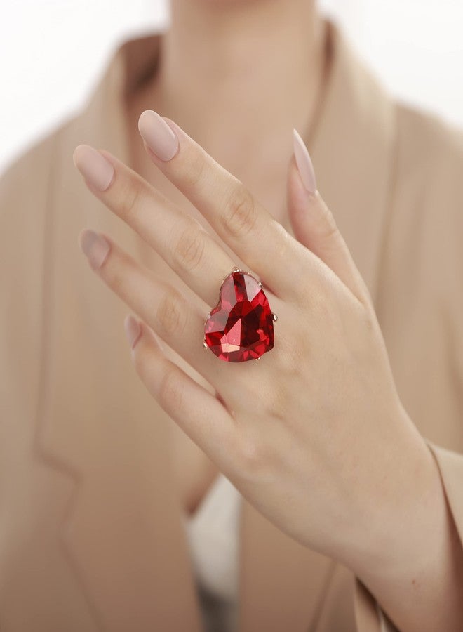 YERTTER Wedding Gold-Plated Red Crystal Giant Heart Ring Promise Women Statement Ring Rhinestone Love Ring Exaggerated Cocktail Ring Vintage Ring for Wedding Women (Red - Image 3