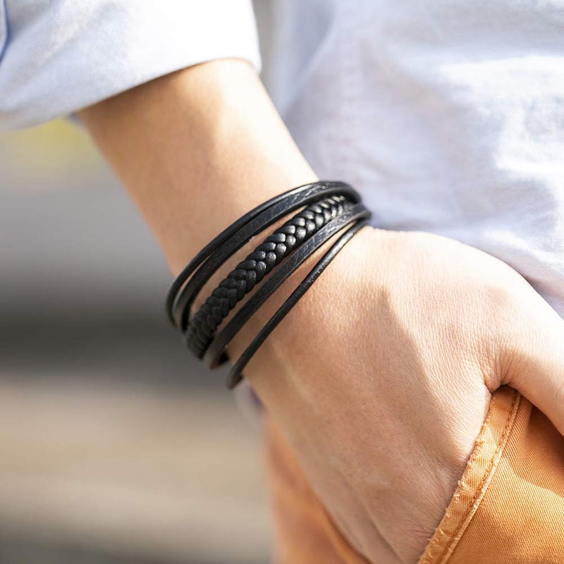 murtoo Mens Leather Bracelet with Clasp Cowhide Multi-Layer Braided Leather Mens Bracelet (Brown&Black, 8.5") - Image 3