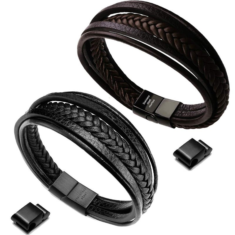 murtoo Mens Leather Bracelet with Clasp Cowhide Multi-Layer Braided Leather Mens Bracelet (Brown&Black, 8.5") - Image 1