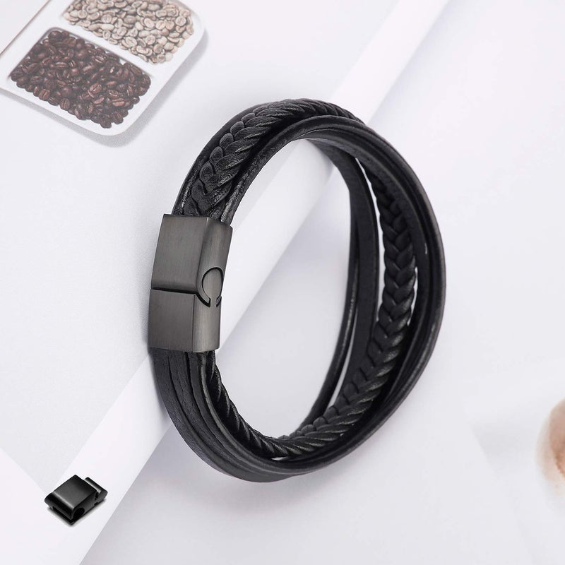 murtoo Mens Leather Bracelet with Clasp Cowhide Multi-Layer Braided Leather Mens Bracelet (Brown&Black, 8.5") - Image 4