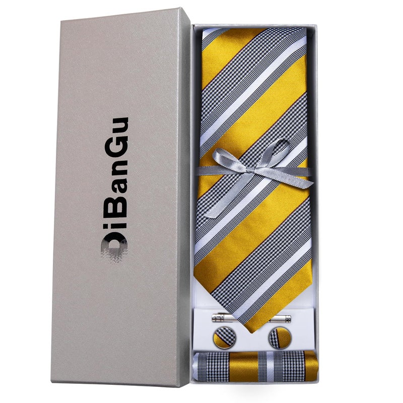 DiBanGu Mens Striped Tie Silk Woven Necktie and Pocket Square Cufflinks Tie Clip Set Wedding Business Formal, Gold and Grey - Image 4