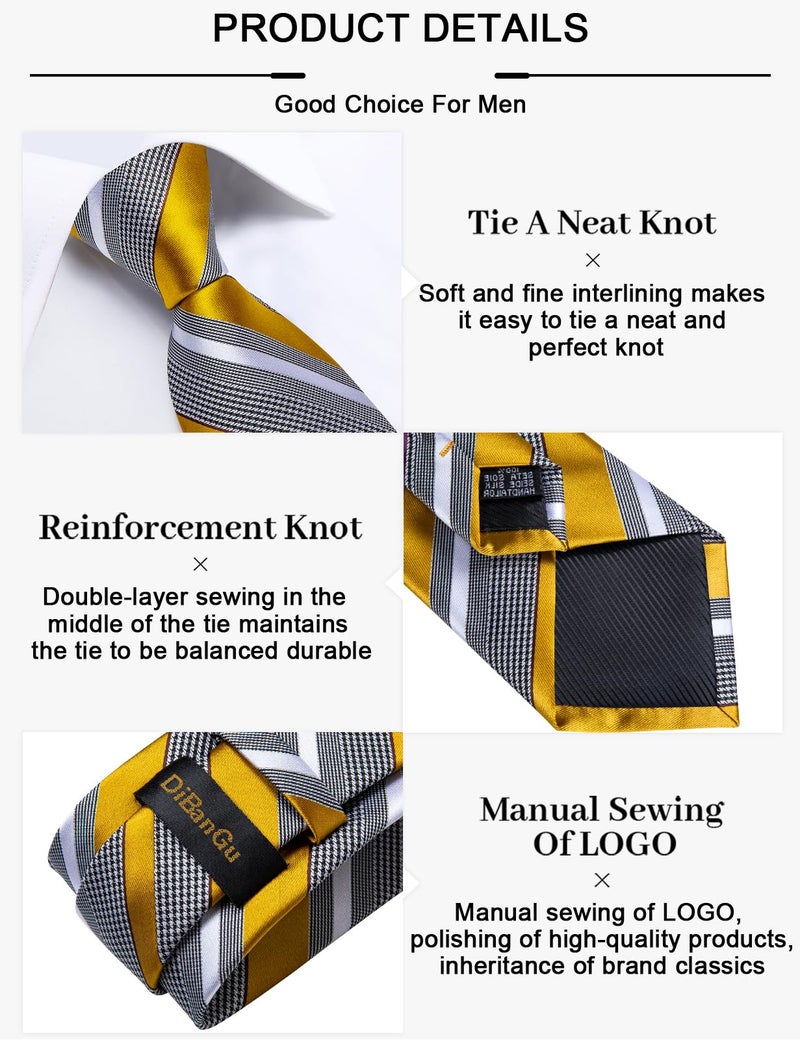 DiBanGu Mens Striped Tie Silk Woven Necktie and Pocket Square Cufflinks Tie Clip Set Wedding Business Formal, Gold and Grey - Image 5