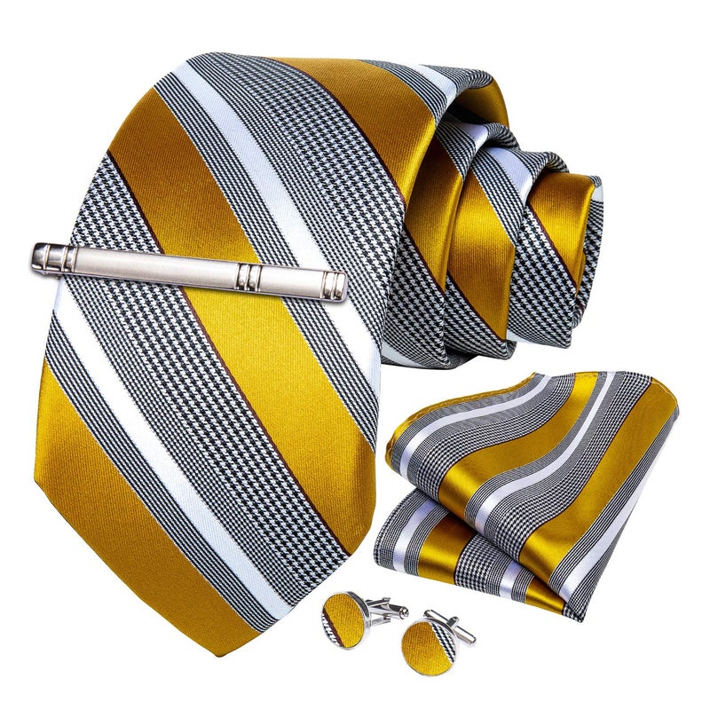 DiBanGu Mens Striped Tie Silk Woven Necktie and Pocket Square Cufflinks Tie Clip Set Wedding Business Formal, Gold and Grey - Image 3