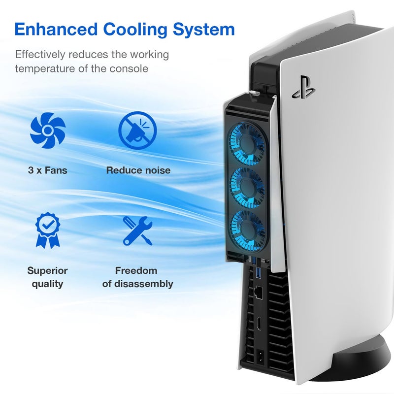 MEQI PS5 Cooling Fan, MEQI PS5 Accessories Upgraded Quiet Cooler Fan with LED Light & USB 3.0 Hubs, Efficient Cooling Station for PlayStation 5 Disc/Digital Edition - Image 2