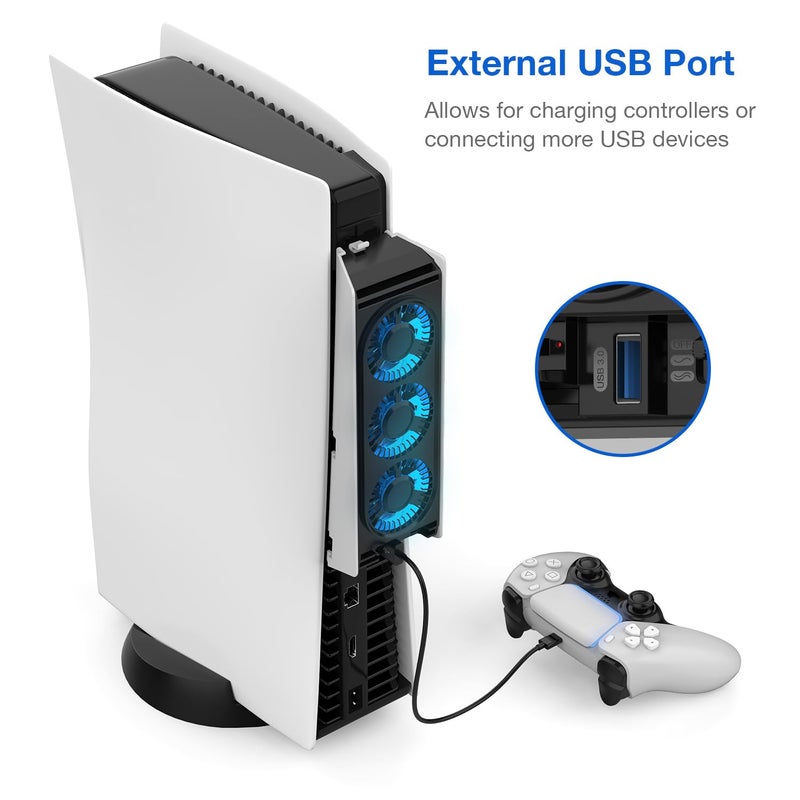 MEQI PS5 Cooling Fan, MEQI PS5 Accessories Upgraded Quiet Cooler Fan with LED Light & USB 3.0 Hubs, Efficient Cooling Station for PlayStation 5 Disc/Digital Edition - Image 3