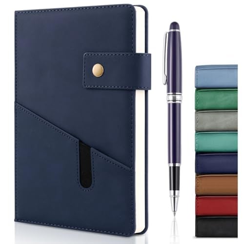 Mousbull A5 Leather Journal Notebook with Pen, 200 Pages Hardcover Journal with Pocket, 100gsm Thick Lined Paper Daily Diary for Men and Women, Great Gift for Business School Travel Personal - Navy Blue - Image 1