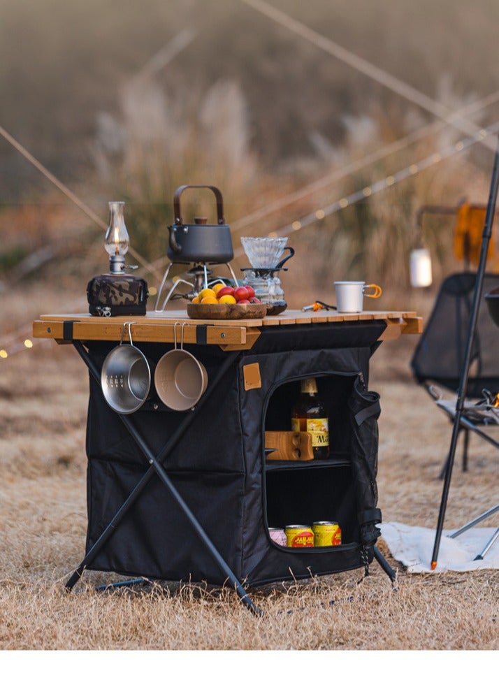 XiuWoo 2 in 1 Foldable Camping Kitchen Unit, 4 Shelf Metal Storage Cupboard, Wood Camping Desk, Outdoor Garden Picnic, Waterproof Kitchen Station, Hiking Cook Table, Camping Furniture  with Carry Bag - Image 1