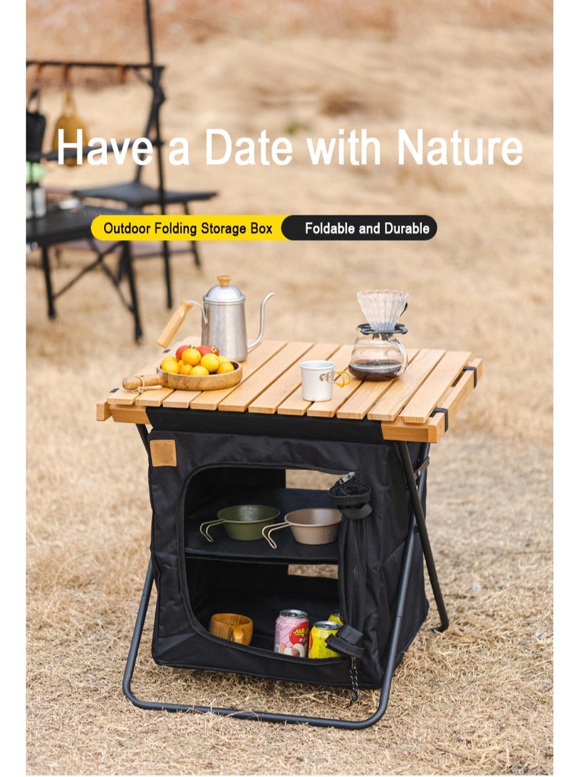 XiuWoo 2 in 1 Foldable Camping Kitchen Unit, 4 Shelf Metal Storage Cupboard, Wood Camping Desk, Outdoor Garden Picnic, Waterproof Kitchen Station, Hiking Cook Table, Camping Furniture  with Carry Bag - Image 2