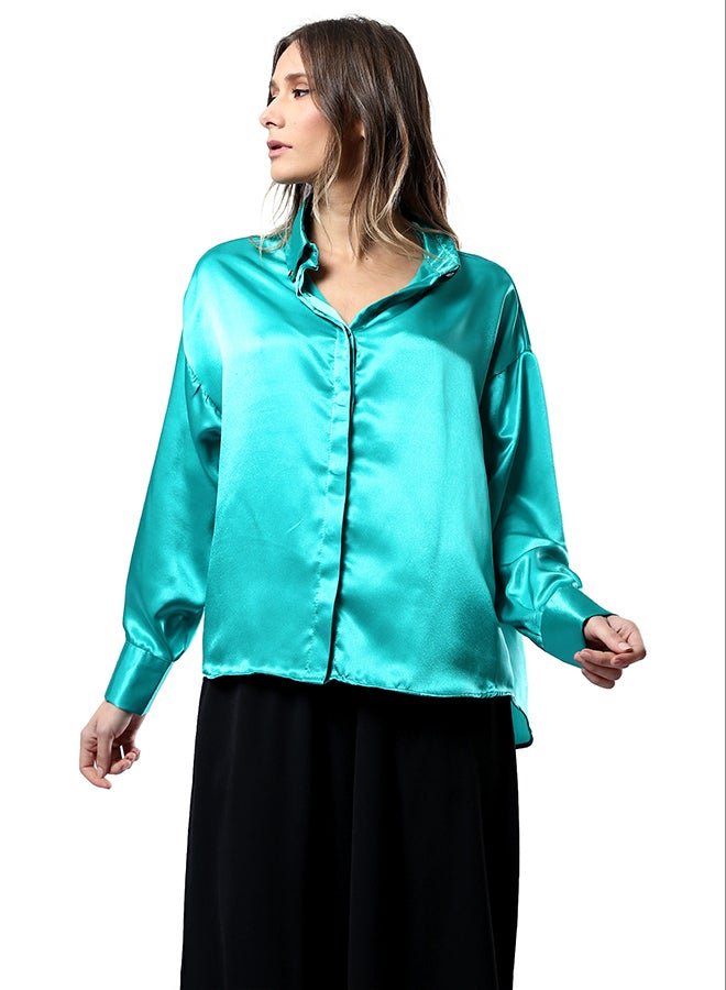 RAVIN Light Green Full Buttons Shiny Shirt  - Image 1