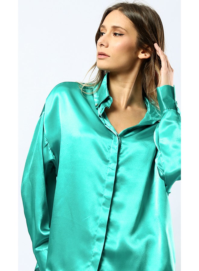 RAVIN Light Green Full Buttons Shiny Shirt  - Image 4