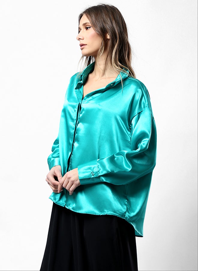 RAVIN Light Green Full Buttons Shiny Shirt  - Image 2