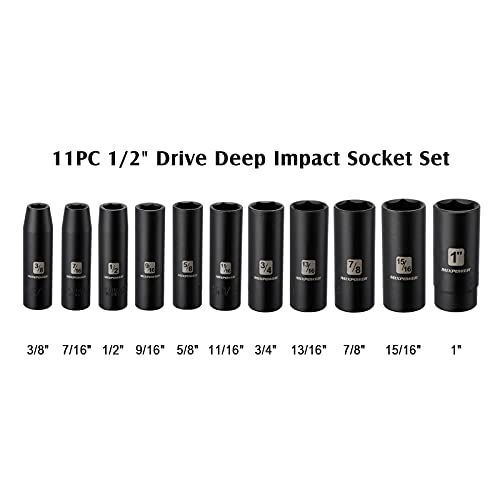 MIXPOWER 11 Pieces 1/2-Inch Drive Deep Impact Socket Set, 3/8-Inch to 1-Inch, CR-V, SAE, 6 Point, Deep, 11 Pieces 1/2" Dr. Socket - Image 3