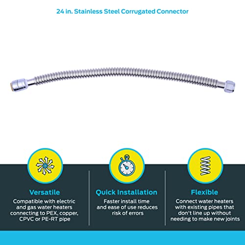 SharkBite 3/4 Inch x 3/4 Inch FIP x 24 Inch Stainless Steel Corrugated Flexible Water Heater Connector, Push To Connect Brass Plumbing Fitting, PEX Pipe, Copper, CPVC, PE-RT, HDPE, SS3088FLEX24LF - Image 3