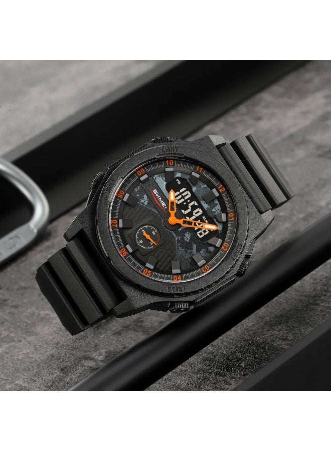 SKMEI 2355 Rugged Men’s Sports Watch – Dual Time, Water Resistant, Stopwatch, Backlight, Black/Orange - Image 2