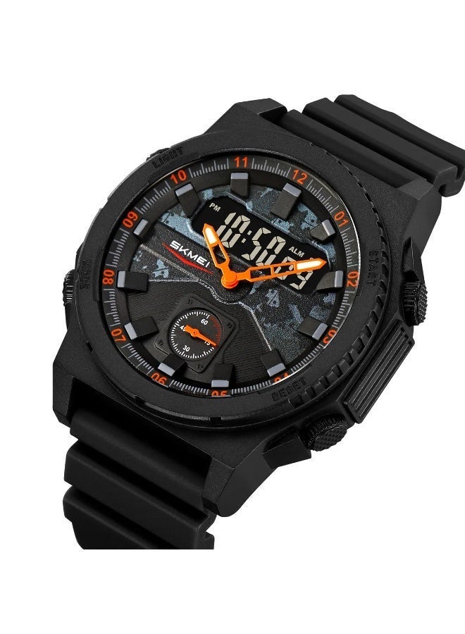 SKMEI 2355 Rugged Men’s Sports Watch – Dual Time, Water Resistant, Stopwatch, Backlight, Black/Orange - Image 1