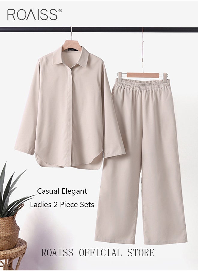 roaiss Ladies Comfortable Cotton Linen 2 Piece Suit for Daily Commute - Shirt and Wide Leg Pants Set with Simple Loose Fit Design for Leisure  - Image 4