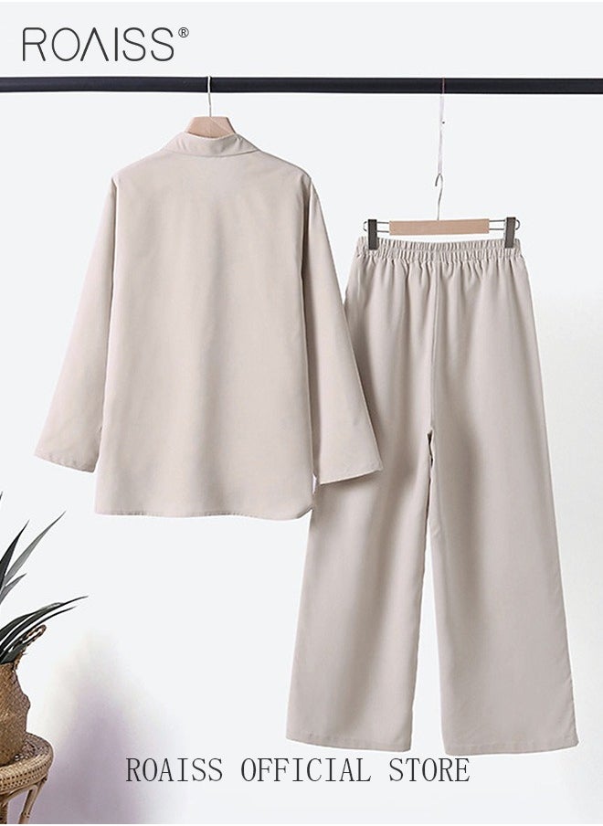 roaiss Ladies Comfortable Cotton Linen 2 Piece Suit for Daily Commute - Shirt and Wide Leg Pants Set with Simple Loose Fit Design for Leisure  - Image 5