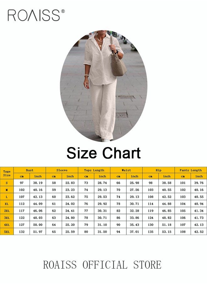 roaiss Ladies Comfortable Cotton Linen 2 Piece Suit for Daily Commute - Shirt and Wide Leg Pants Set with Simple Loose Fit Design for Leisure  - Image 3
