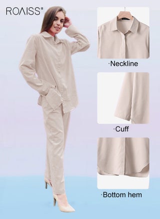 Ladies Comfortable Cotton Linen 2 Piece Suit for Daily Commute, Shirt and Wide Leg Pants Set with Simple Loose Fit Design for Leisure, Women's Two-Piece Long-Sleeved Shirt Set, Beige - view 4